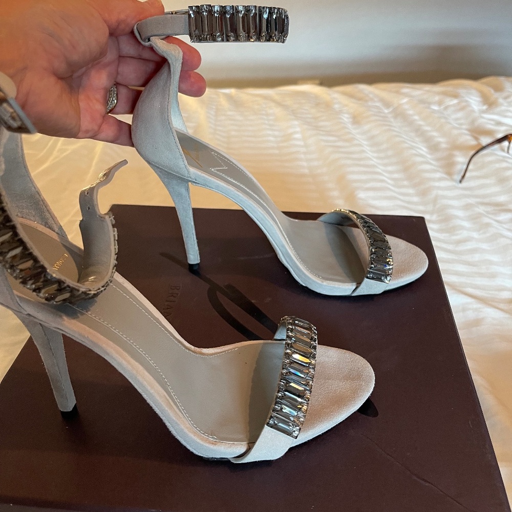 Brian Atwood Ciara light grey suede sandals - size 6.5